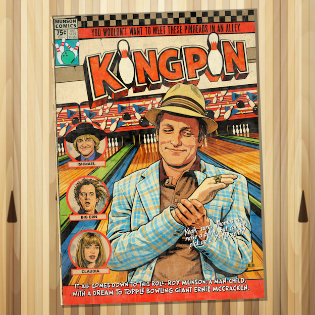 Vintage comic-style Kingpin art print inspired by cult 90s comedy cinema