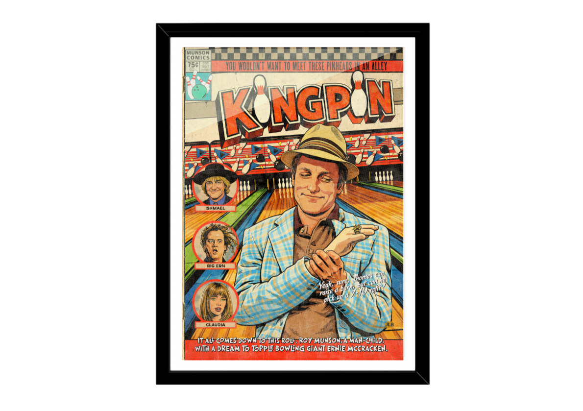 Vintage-style poster of a man in a plaid shirt with 'Kingpin' text and images of people on a white background.