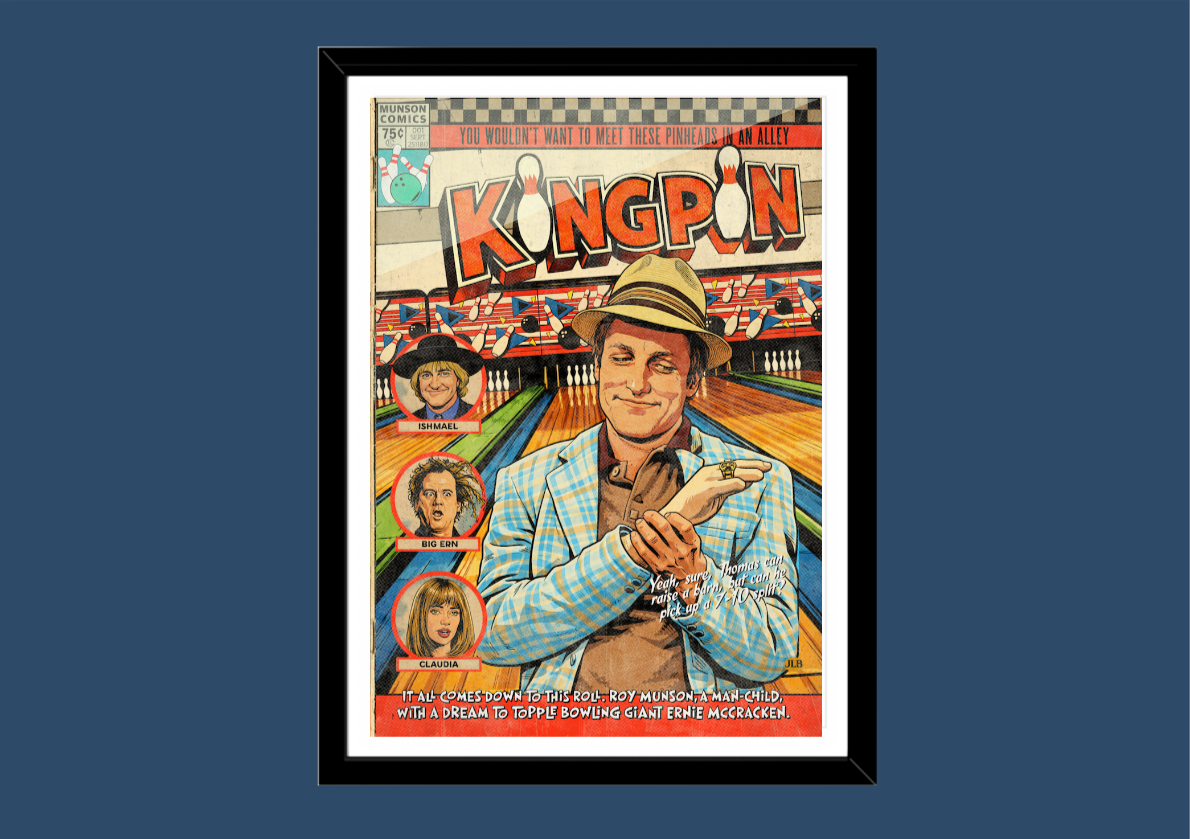 Vintage-style movie poster for 'Kingpin' with a man in a hat and plaid shirt on a blue background