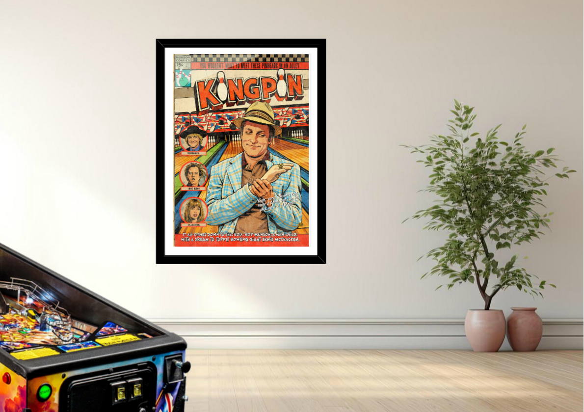 Kingpin cult comedy wall art styled in home cinema setting