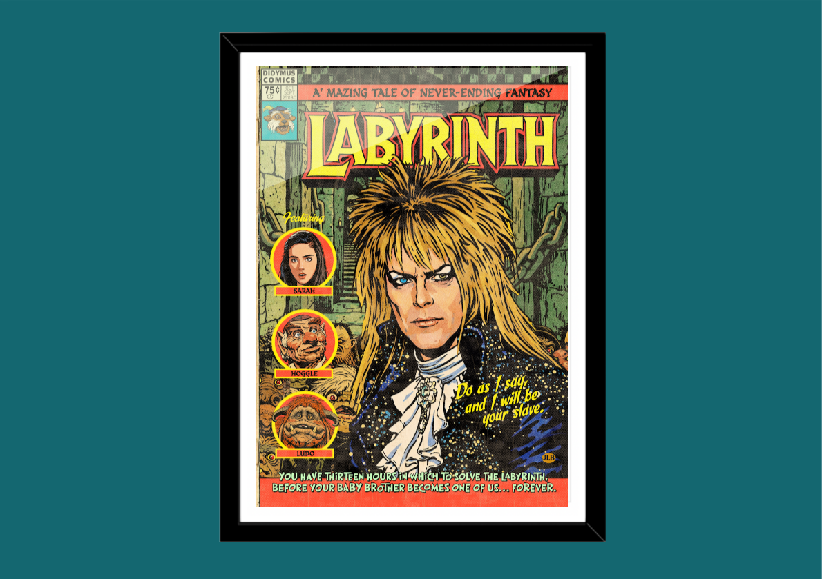 Labyrinth retro comic cover–style art print with magical 80s fantasy aesthetic