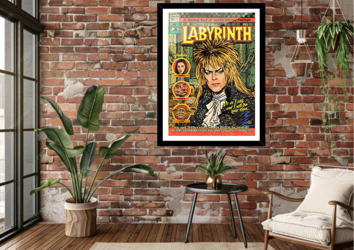 Framed Labyrinth comic-style art print displayed in a modern interior