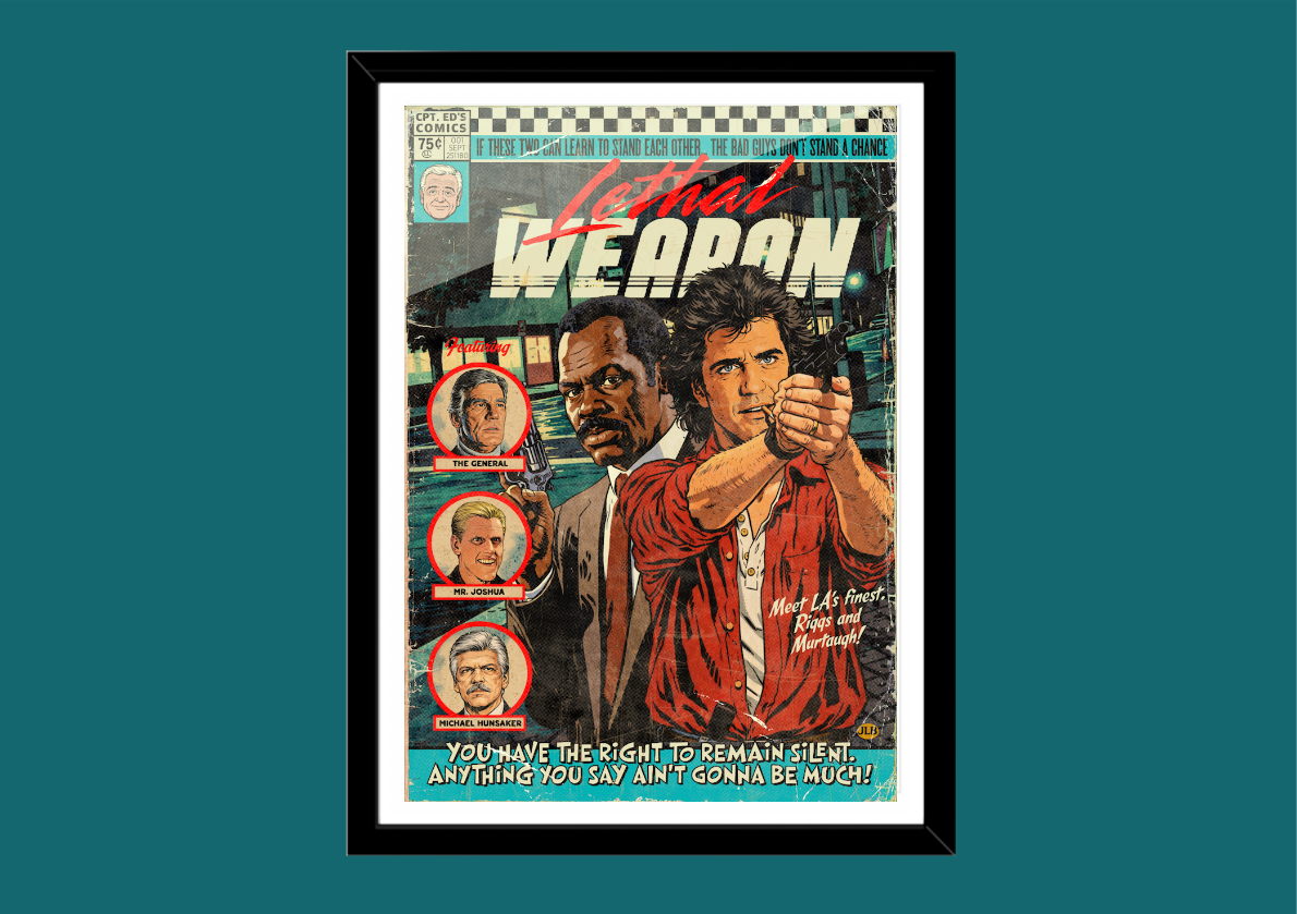 Lethal Weapon retro comic cover–style art print with explosive 80s action aesthetic