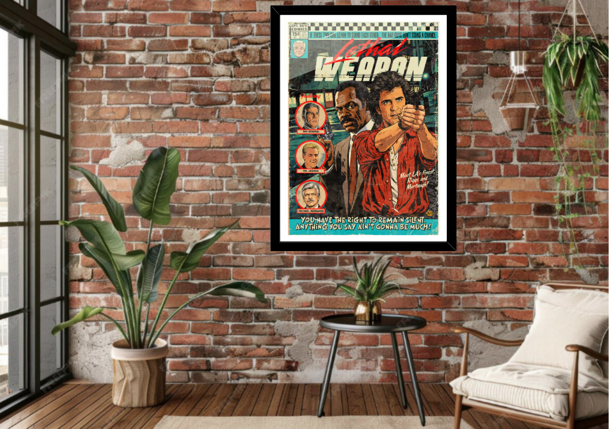 Framed Lethal Weapon comic-style art print displayed in a modern interior