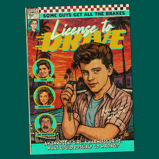 Vintage comic–style License to Drive art print inspired by 80s cult teen comedy