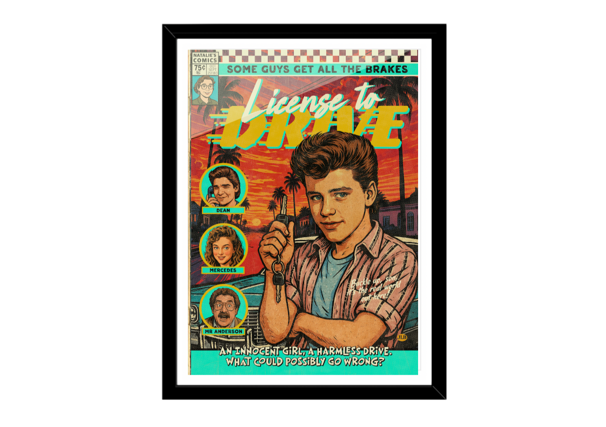 Comic book-style poster with a character holding a car key, titled 'License to Brake'.