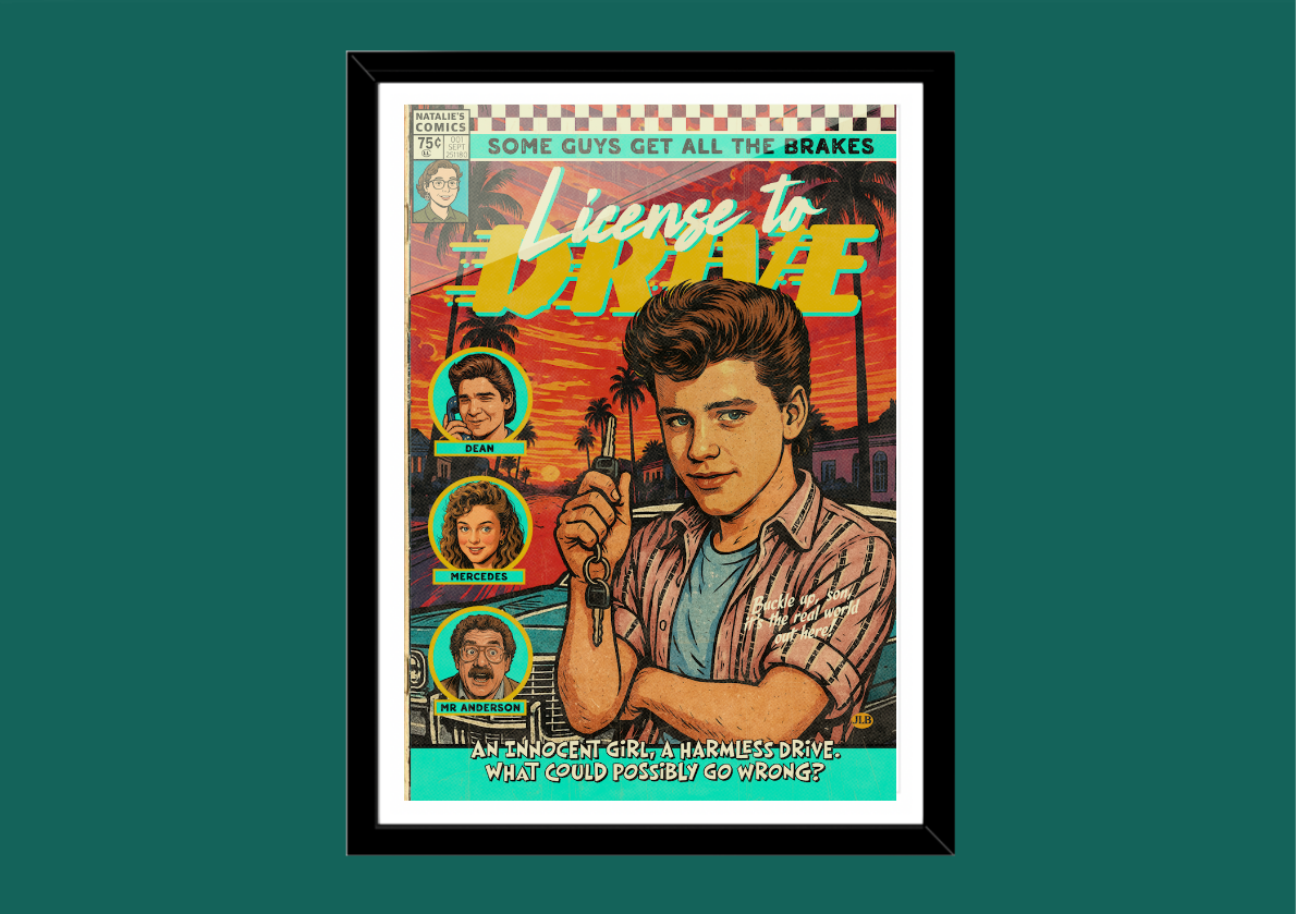 License to Drive retro comic cover–style art print with playful 80s aesthetic
