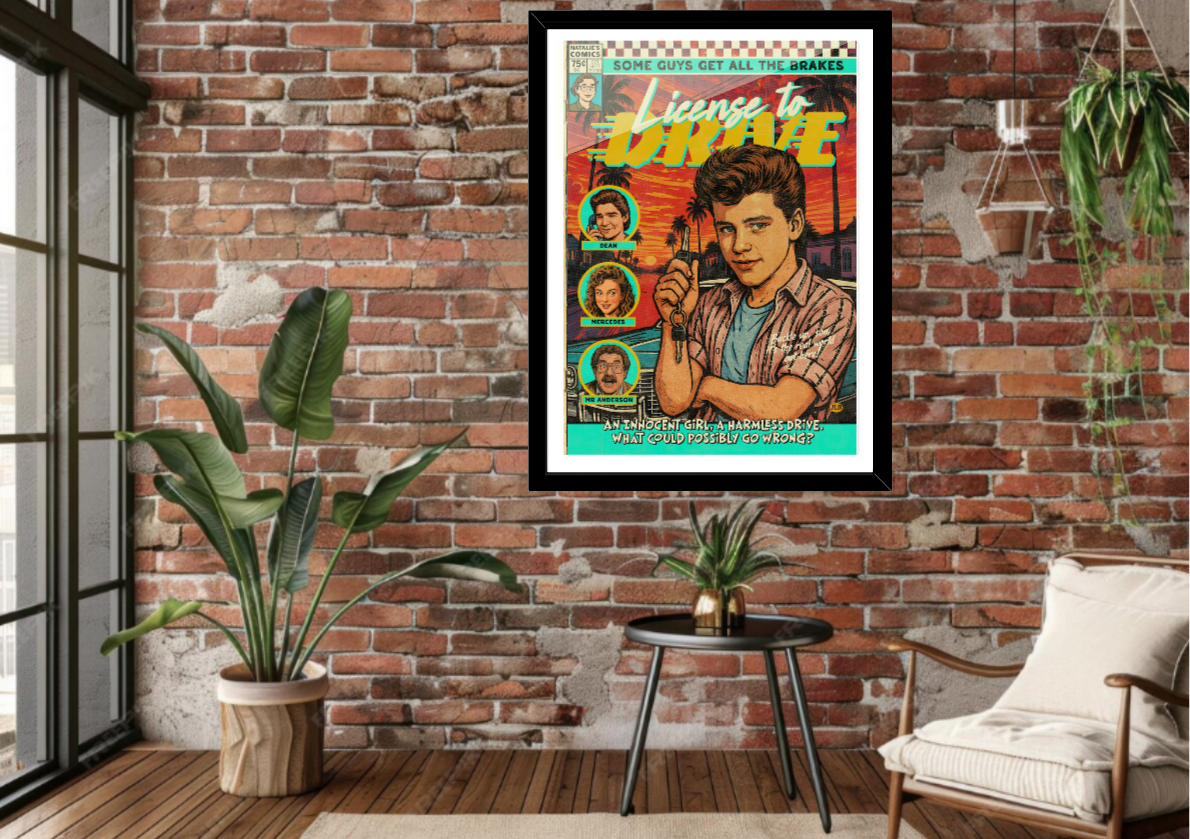Framed License to Drive comic-style art print displayed in a modern interior
