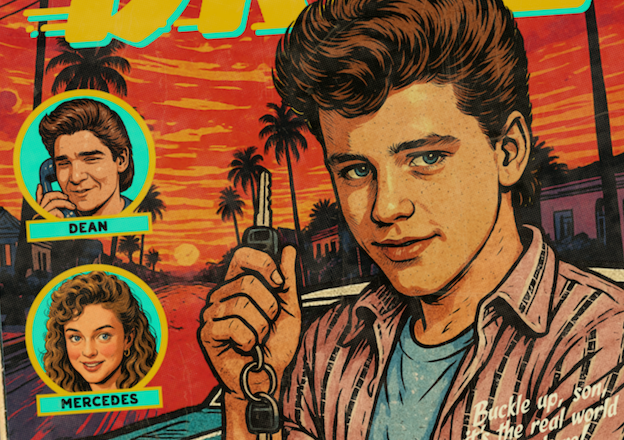 Close-up of halftone texture and distressed comic detail on License to Drive art print