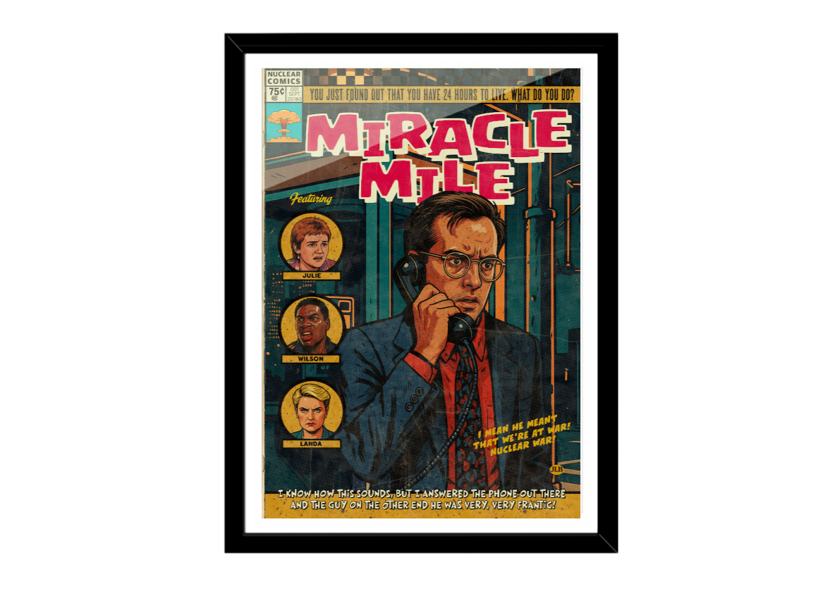 Comic book cover titled 'Miracle Mile' with a man on a phone and portraits on a white background