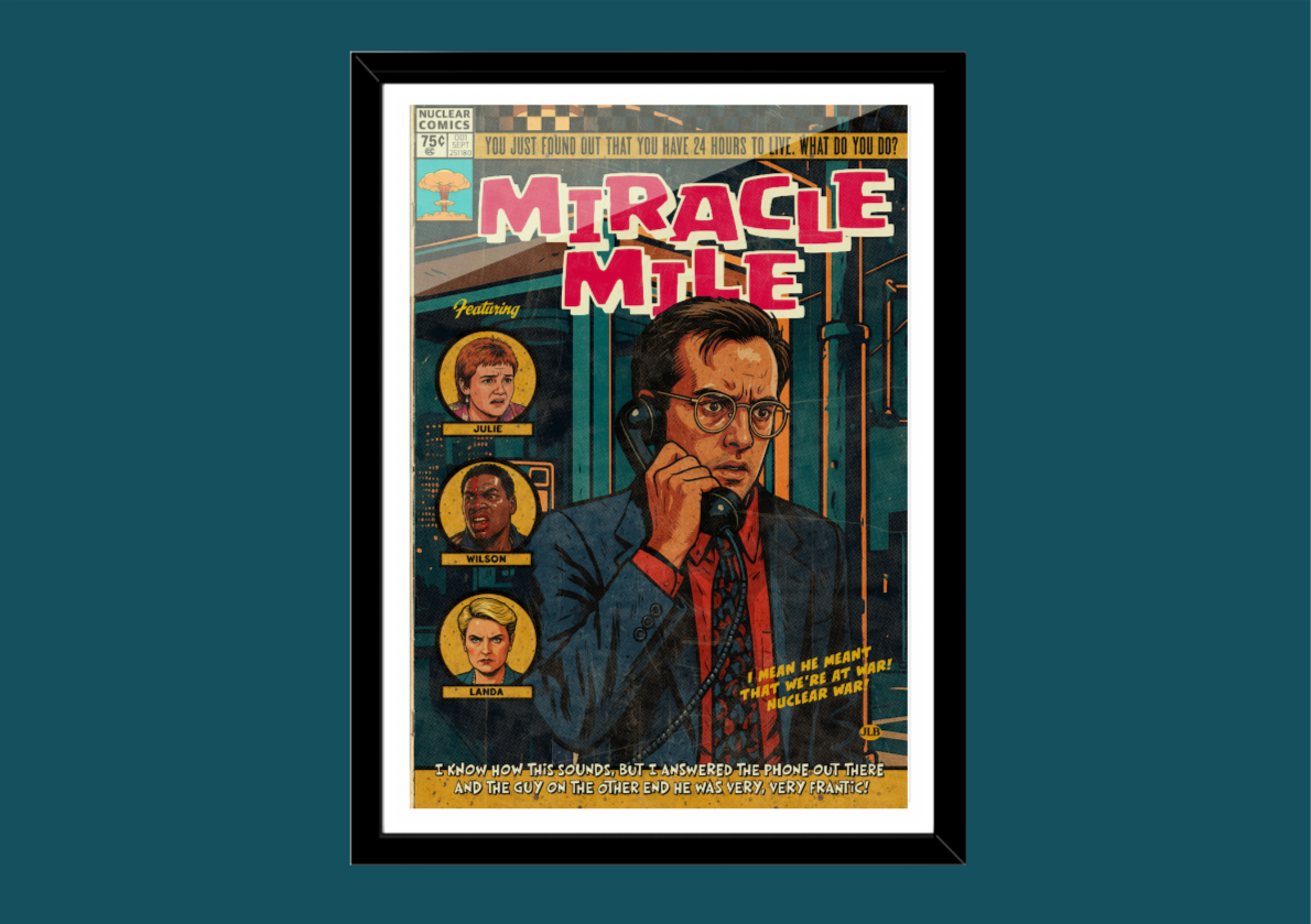 Miracle Mile retro comic cover–style art print with neon night-time aesthetic