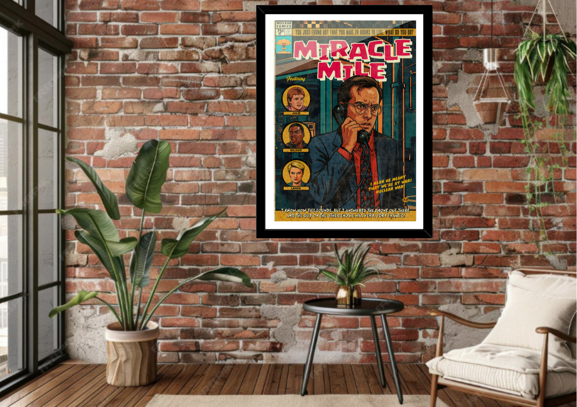 Framed Miracle Mile comic-style art print displayed in a modern interior