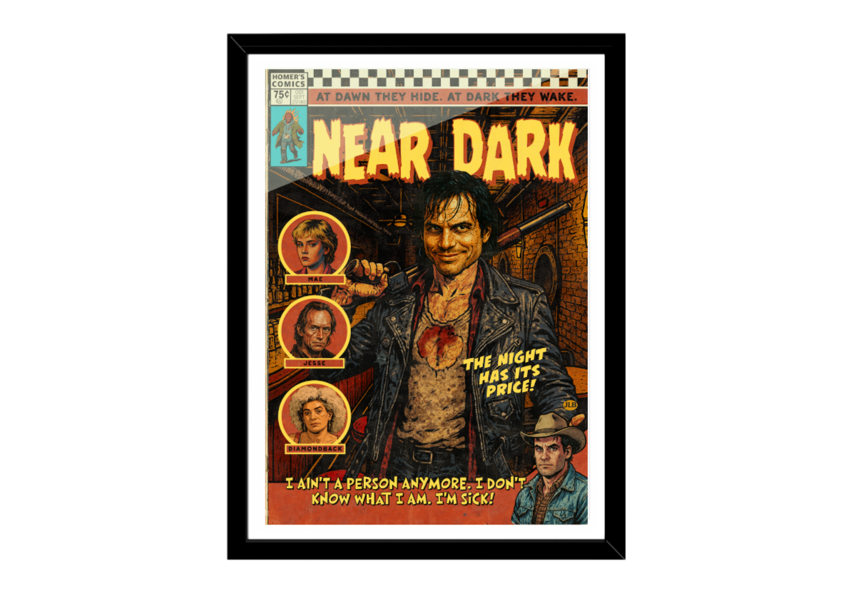 Movie poster for 'Near Dark' with a stylized illustration of a character and text.
