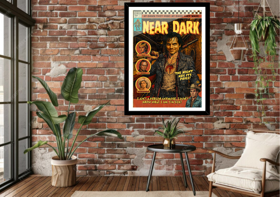 Framed Near Dark comic-style art print displayed in a modern interior