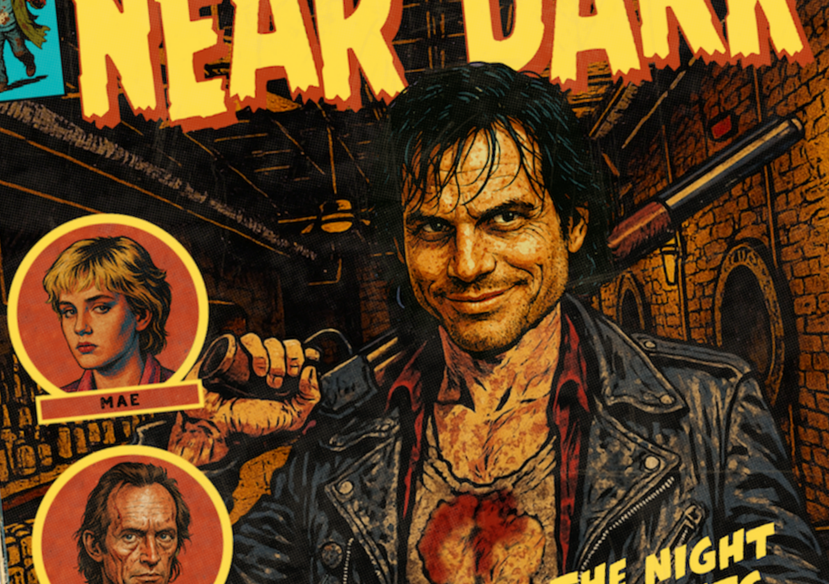 Close-up of halftone texture and distressed comic detail on Near Dark art print