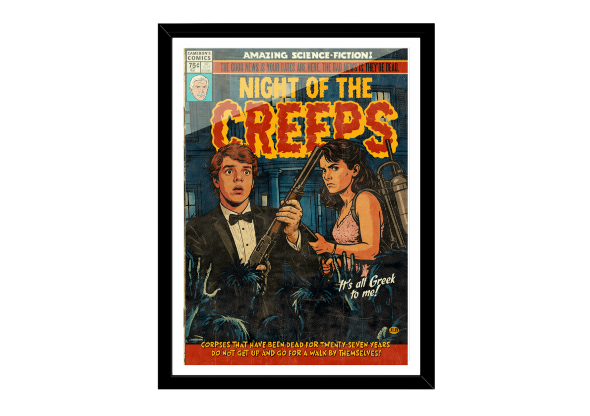 Framed Night of the Creeps retro comic cover–style art print with alien zombie horror aesthetic