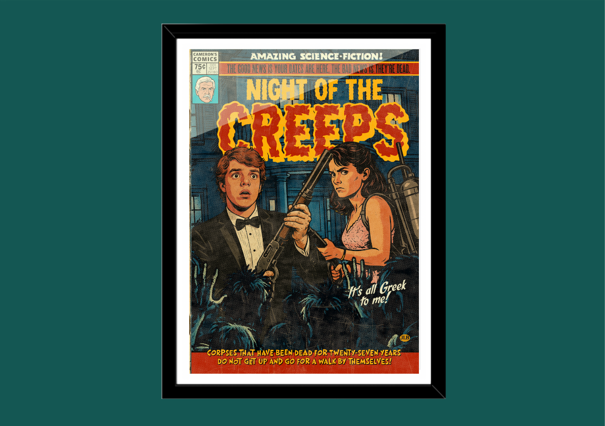 Night of the Creeps retro comic cover–style art print with alien zombie horror aesthetic