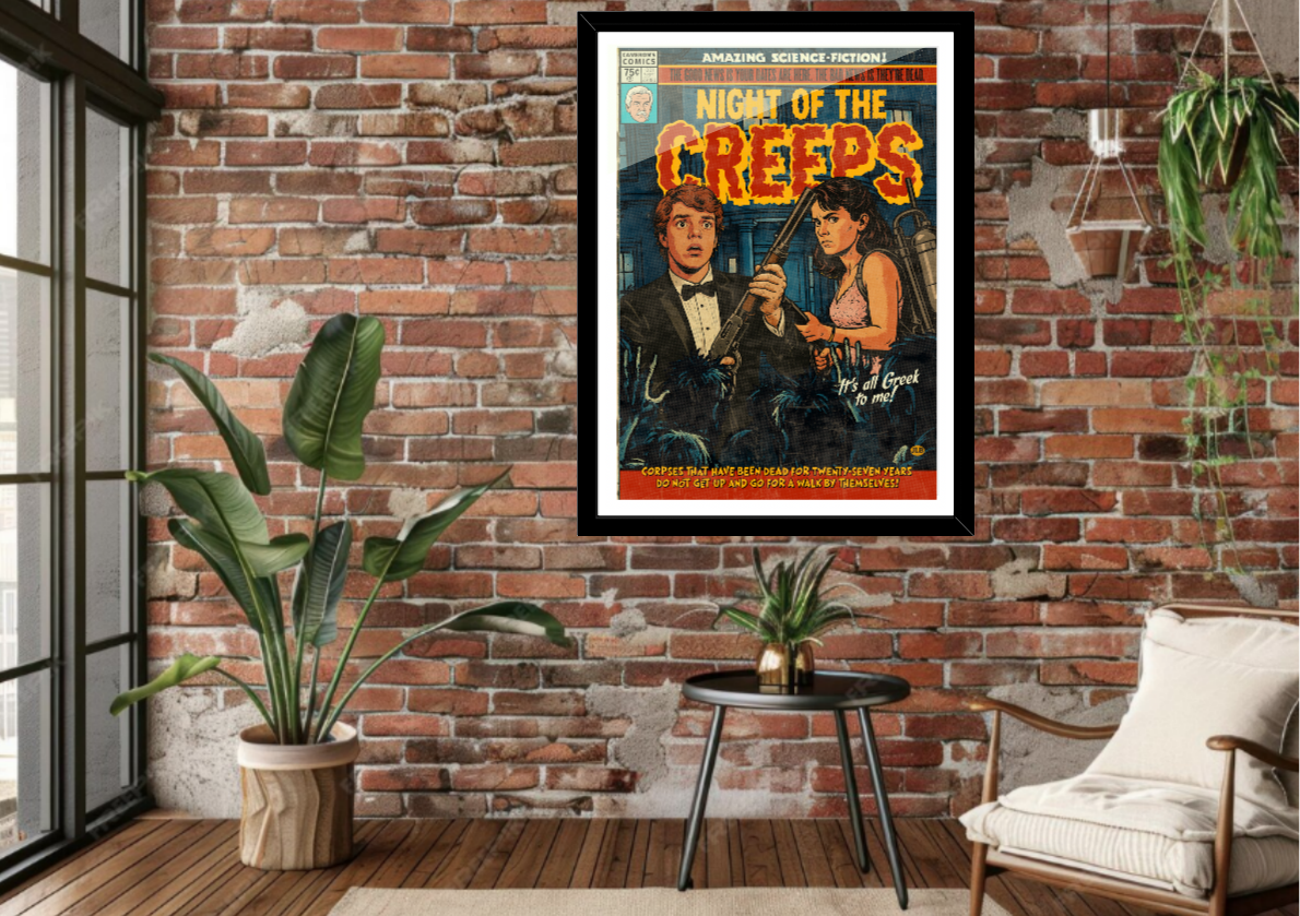 Framed Night of the Creeps comic-style art print displayed in modern interior