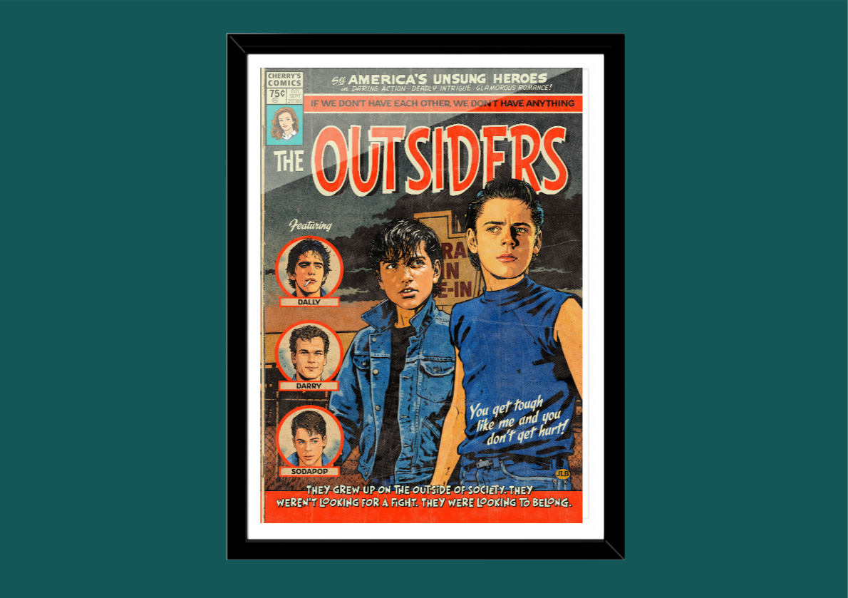 The Outsiders retro comic cover–style art print with emotional teen drama aesthetic