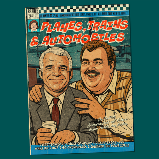 Vintage comic–style Planes, Trains and Automobiles art print inspired by cult 80s comedy