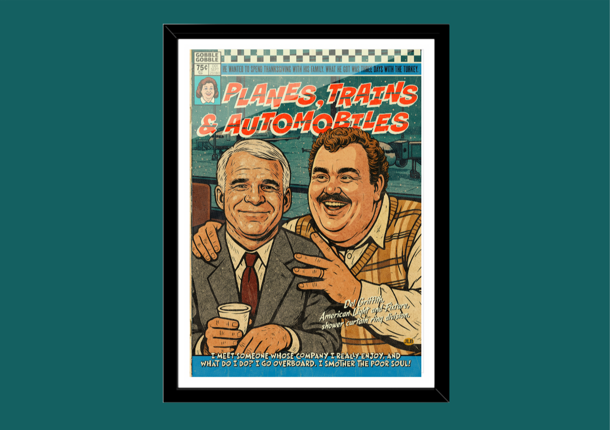 Retro comic cover–style Planes, Trains and Automobiles wall art