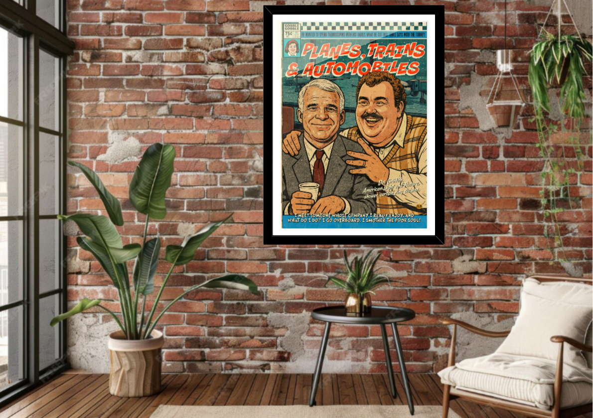 Framed Planes, Trains and Automobiles vintage comic art print in modern interior