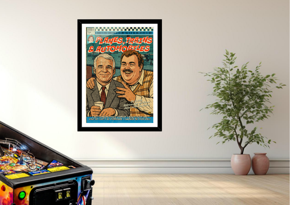 Framed Planes, Trains and Automobiles vintage comic art print in retro interior