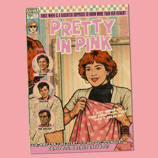 Vintage comic–style Pretty in Pink art print inspired by 80s cult romance cinema