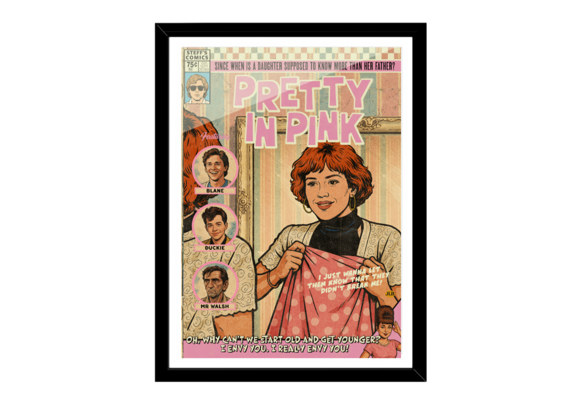 Framed poster with a character holding a pink dress and text 'Pretty in Pink'.