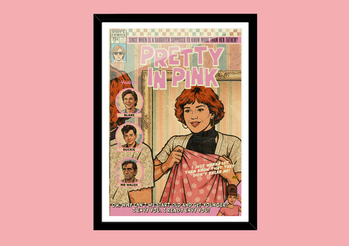Pretty in Pink retro comic cover–style art print with soft 80s aesthetic
