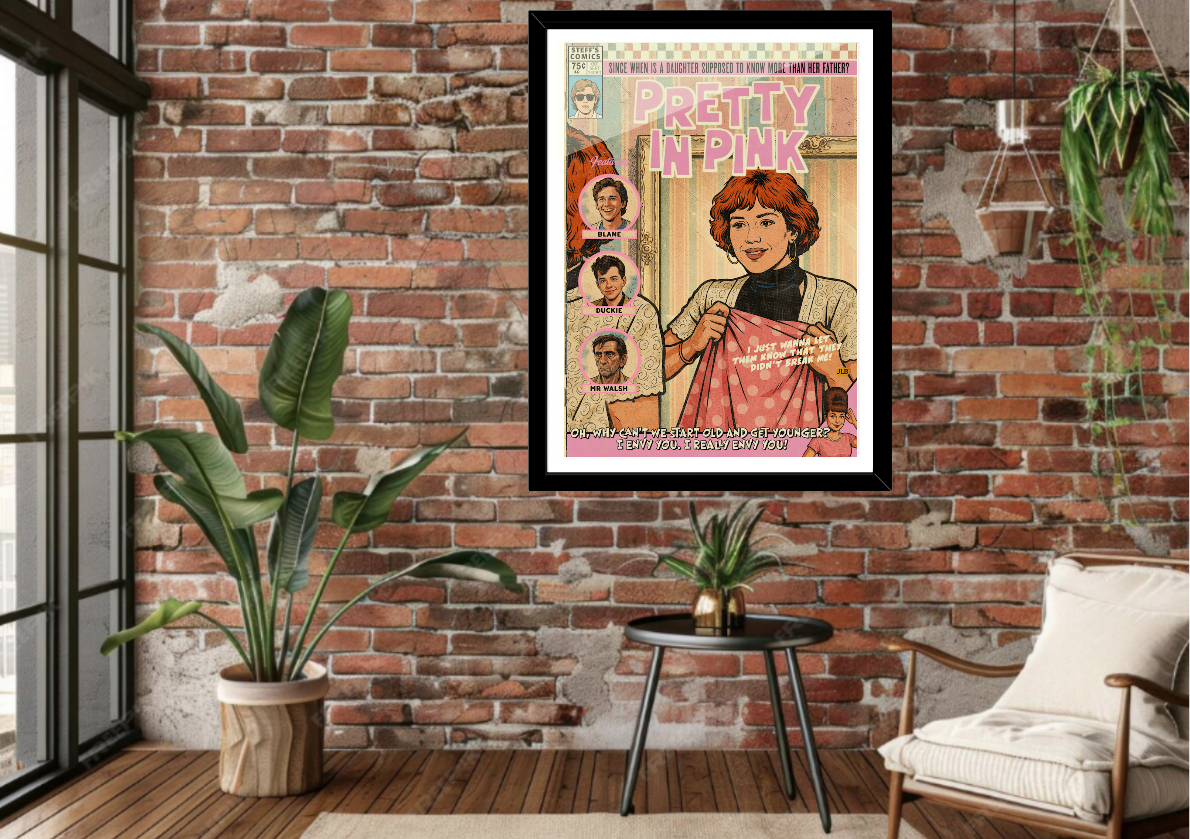 Framed Pretty in Pink comic-style art print displayed in a modern interior