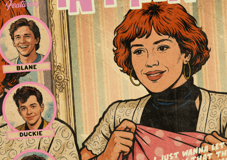 Close-up of halftone texture and distressed comic detail on Pretty in Pink art print