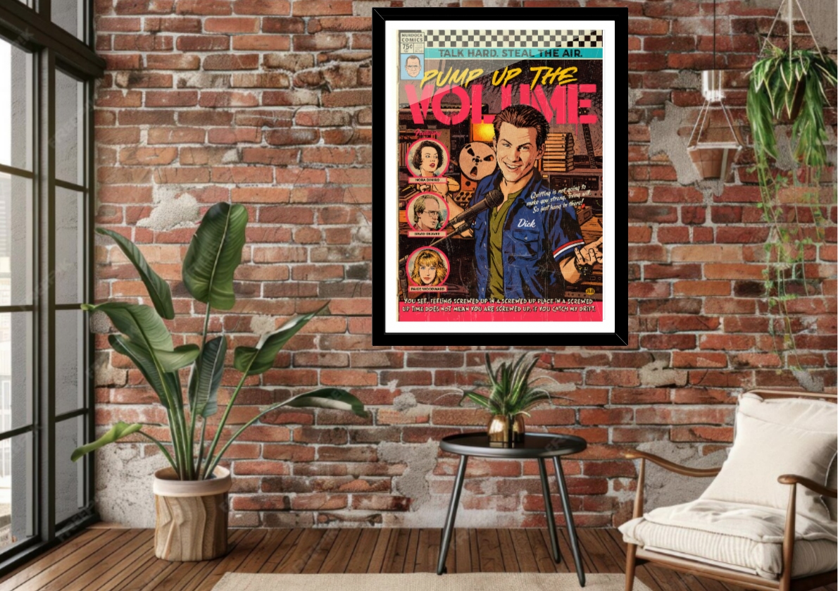 Framed Pump Up the Volume comic-style art print displayed in modern interior