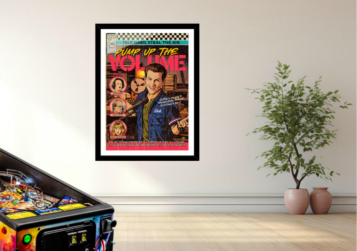 Pump Up the Volume vintage comic art print styled with music and radio-inspired decor