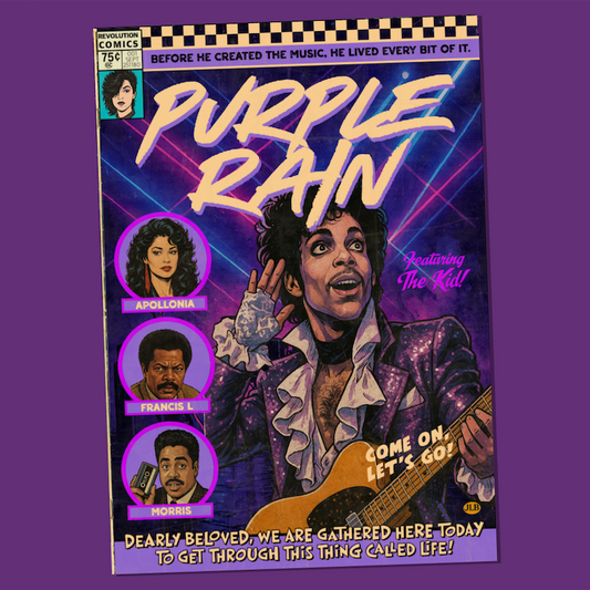 Purple Rain comic book style poster – retro 80s music movie art print inspired by Prince