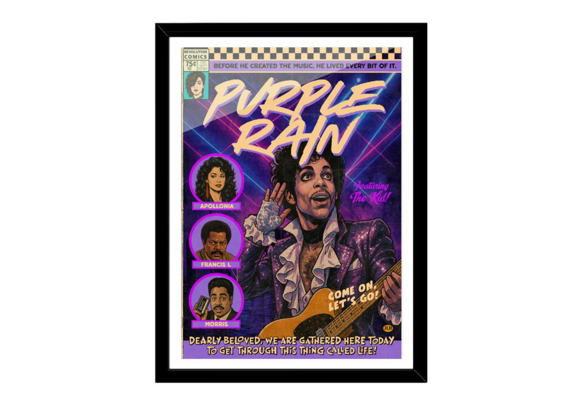 Framed poster of a music album cover with 'Purple Rain' by Prince.