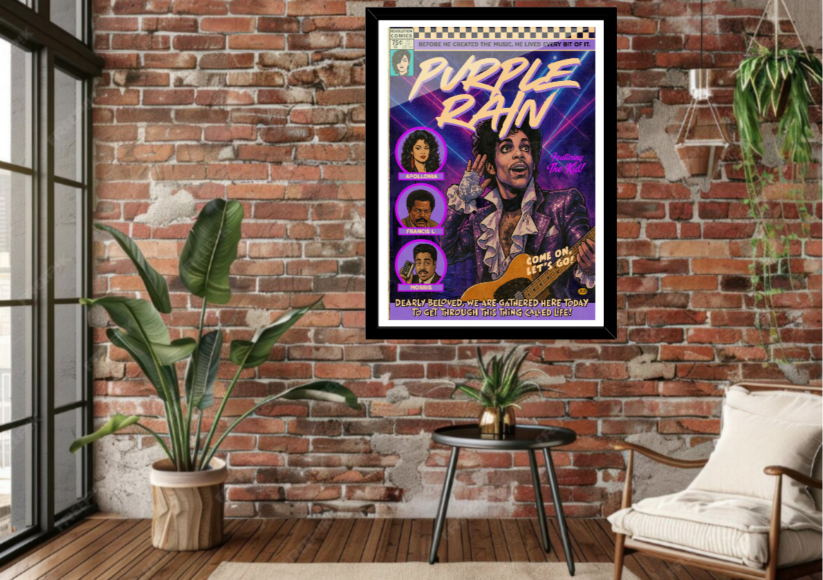 Framed 'Purple Rain' poster on a brick wall with plants and a chair in the foreground.