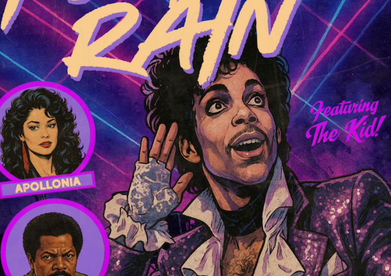 Vintage comic-style print of Prince from Purple Rain with distressed texture
