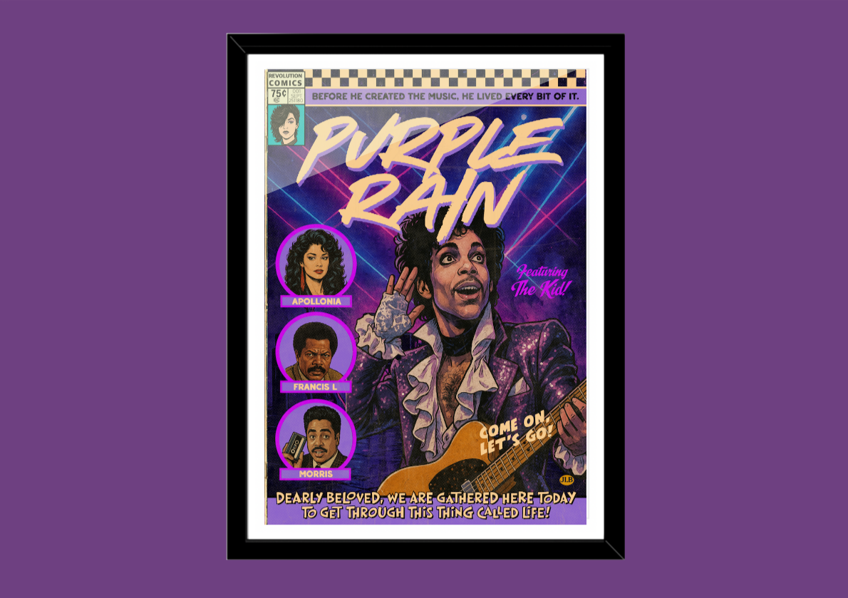 Poster of Prince from 'Purple Rain' with a comic book style on a purple background