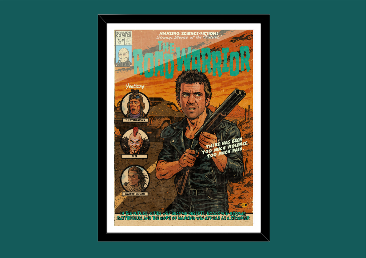 Mad Max retro comic cover–style art print with gritty dystopian aesthetic