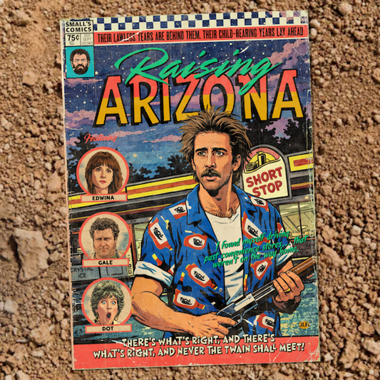 Vintage comic–style Raising Arizona art print inspired by 80s cult comedy cinema