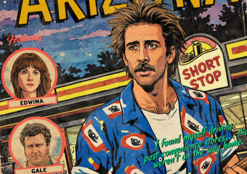Close-up of halftone texture and distressed comic detail on Raising Arizona art print