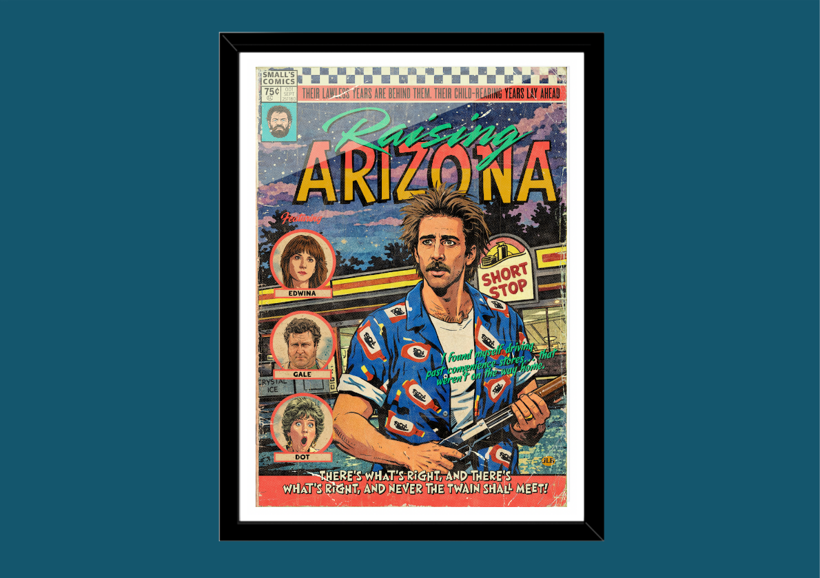 Raising Arizona retro comic cover–style art print with quirky desert comedy aesthetic