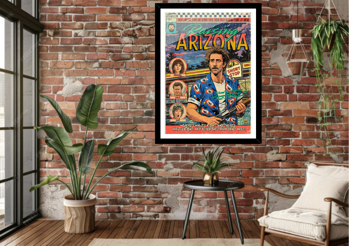 Framed Raising Arizona comic-style art print displayed in a modern interior