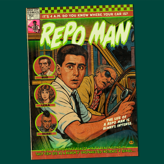 Vintage comic–style Repo Man art print inspired by cult 80s punk sci-fi cinema