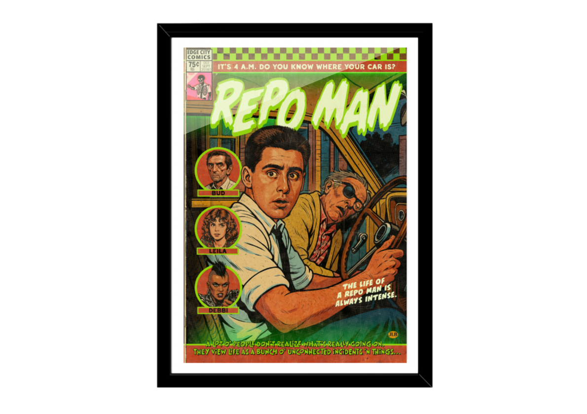 Comic book-style poster for 'Repo Man' with a man holding a gun and text on a white background.