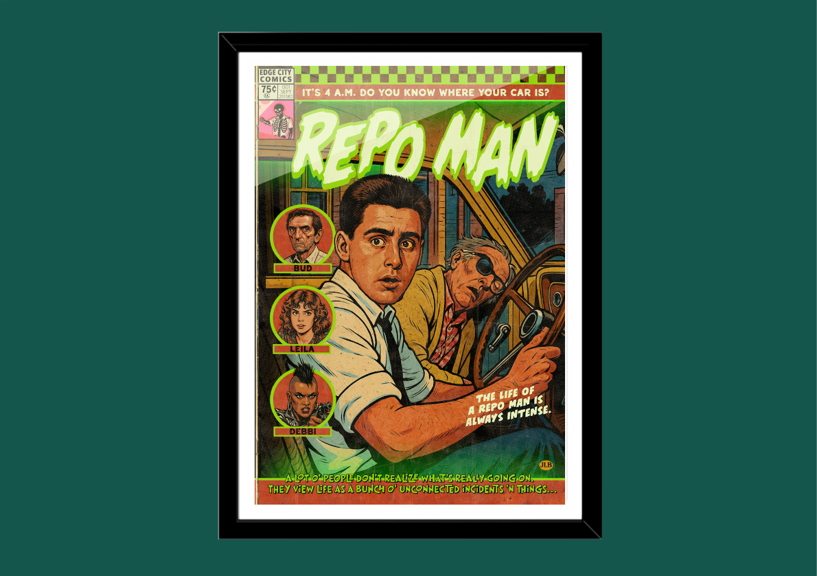 Repo Man retro comic cover–style art print with punk sci-fi aesthetic