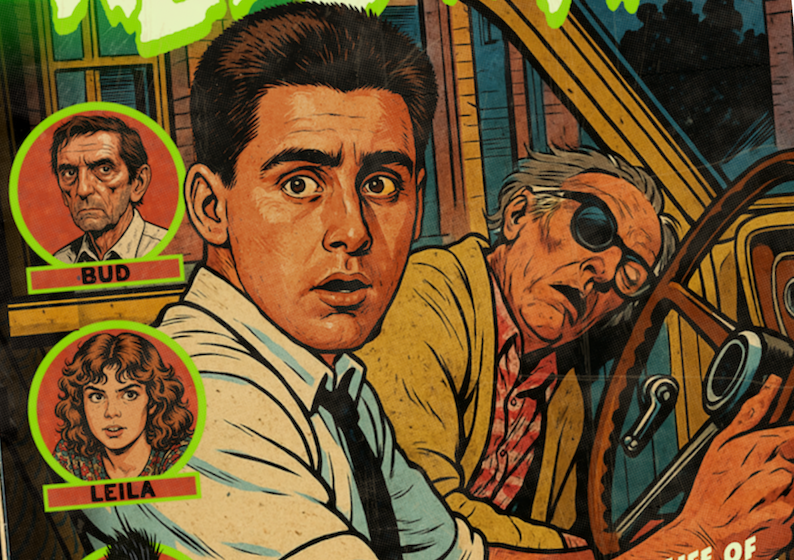 Close-up of halftone texture and distressed comic detail on Repo Man art print