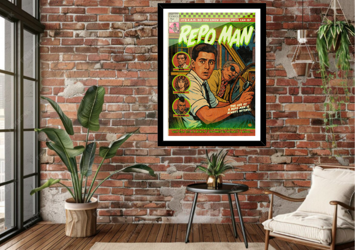 Framed Repo Man comic-style art print displayed in a modern interior