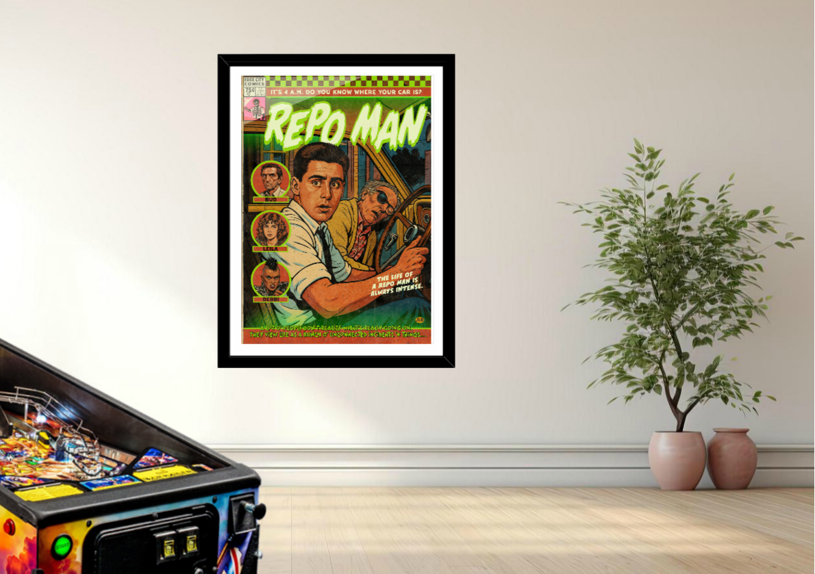 Repo Man vintage comic art print styled with bold, underground decor